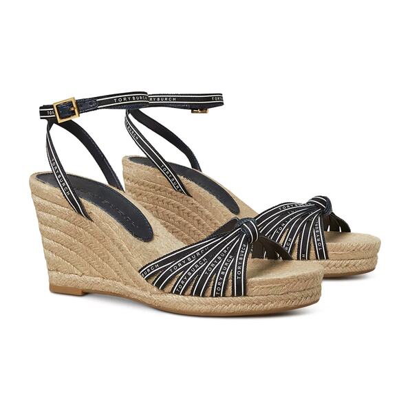 Tory Burch women 10 ribbon Espadrille Wedge Jute Sandal black new strappy sandal